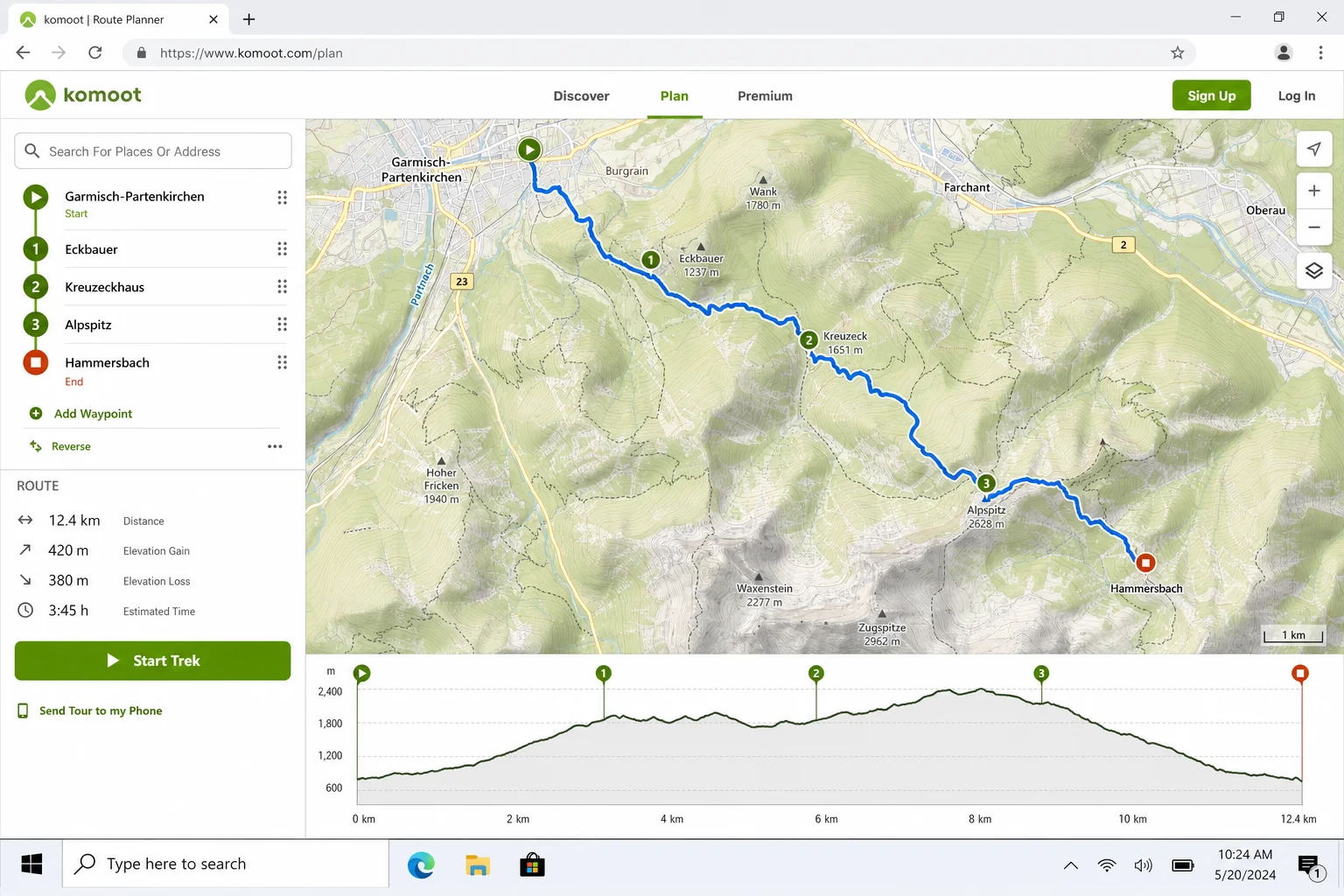 Komoot route planner showing a hiking route on a map with start/end points, waypoints, and elevation profile
