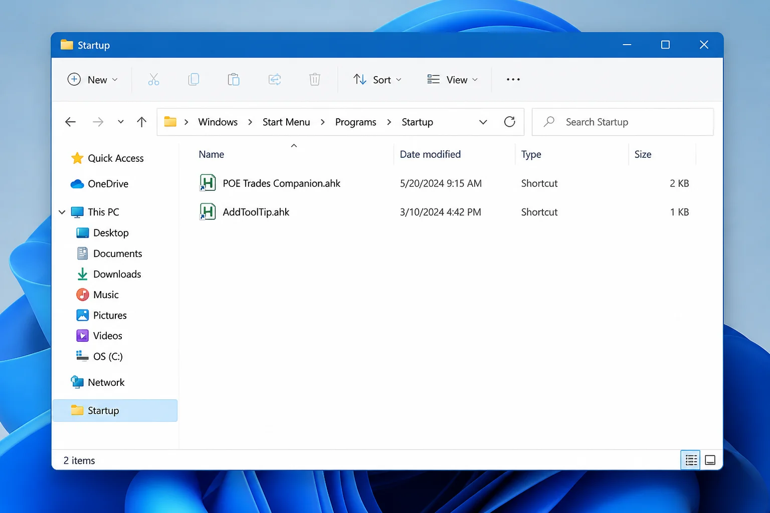 Windows 11 File Explorer showing the shell:startup Startup folder with an .ahk script file inside it
