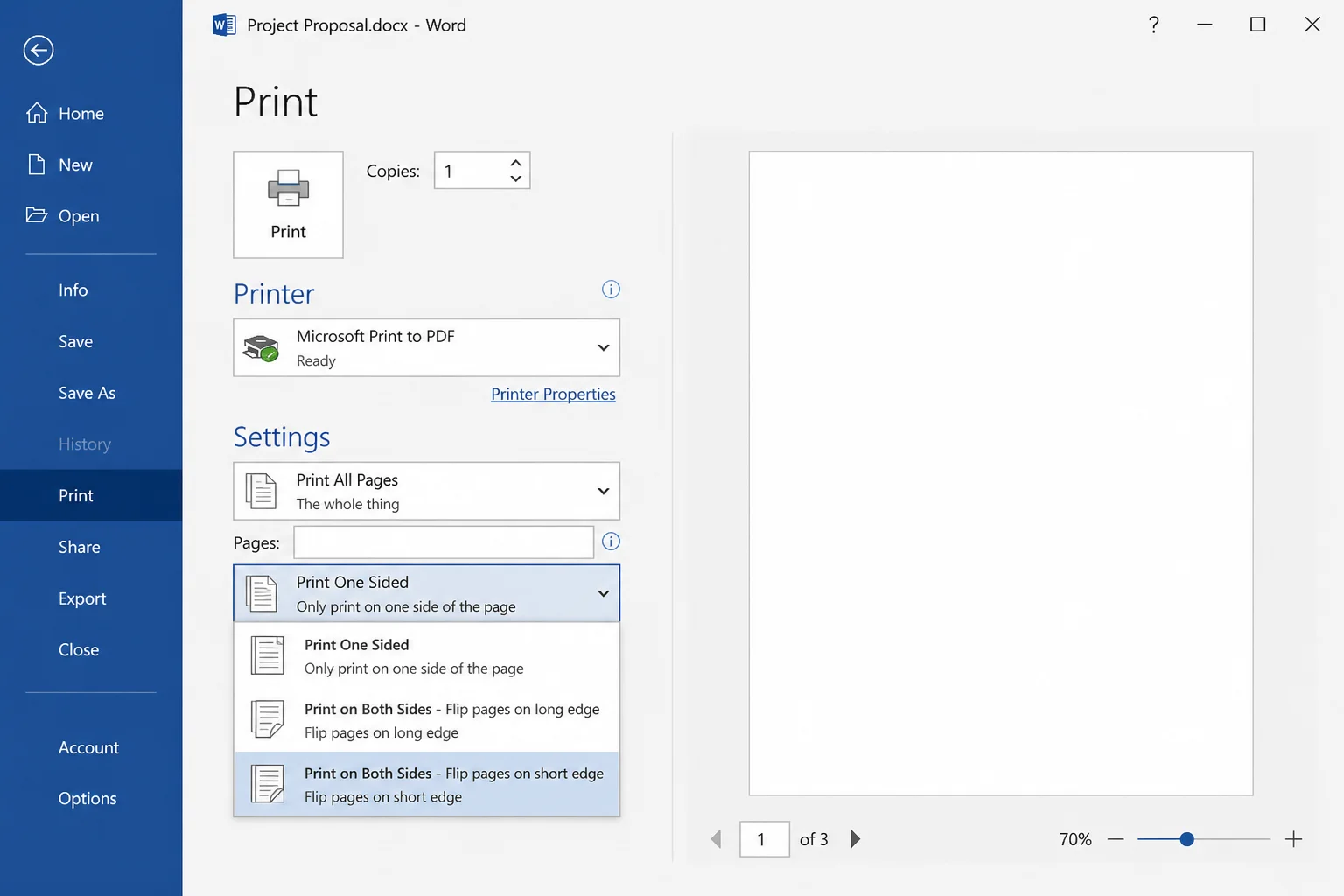 Word Print dialog showing Settings section with "Print on Both Sides - Flip pages on short edge" option selected