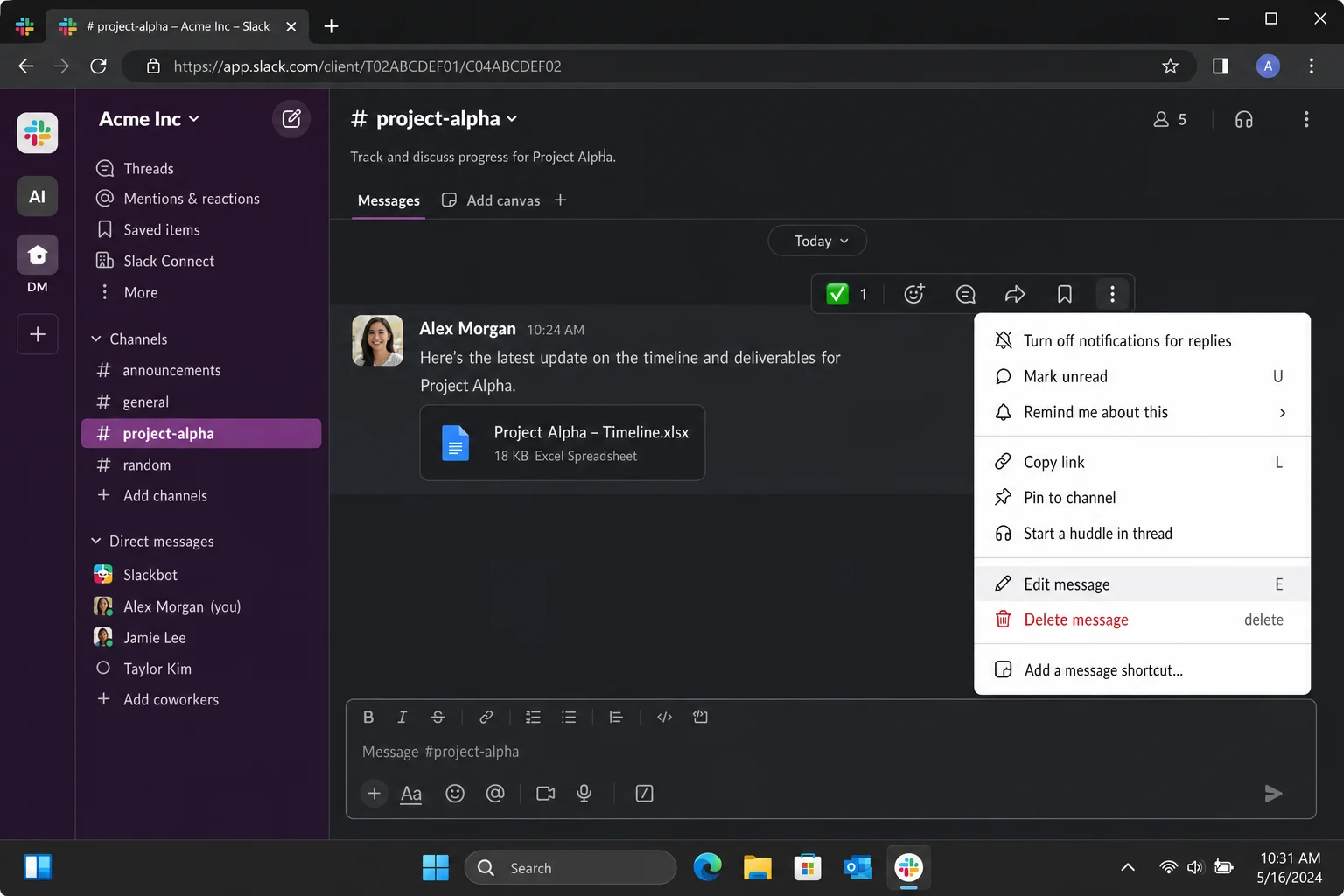 Slack message with the More actions menu open, showing Edit message and Delete message options