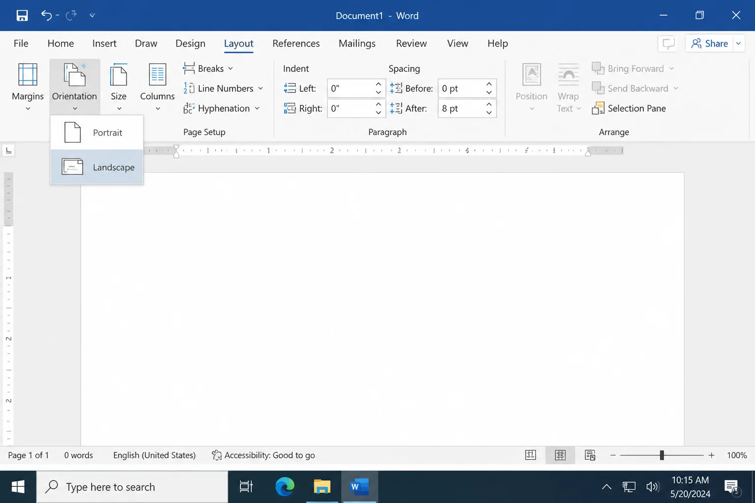 Word Layout tab with the Orientation dropdown open and Landscape highlighted