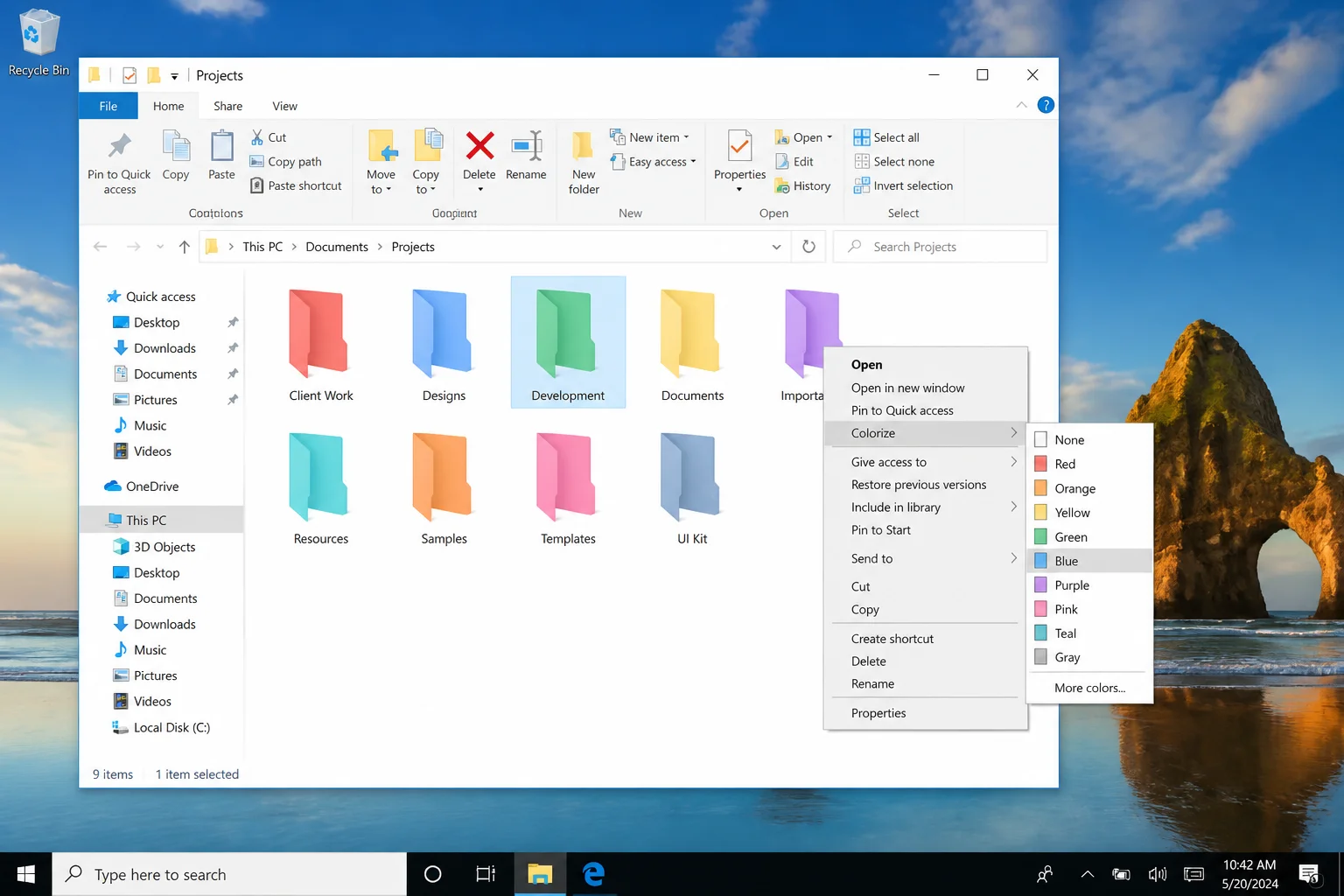 Windows File Explorer showing multiple folders color-coded in different colors using Folder Colorizer Pro, with right-click