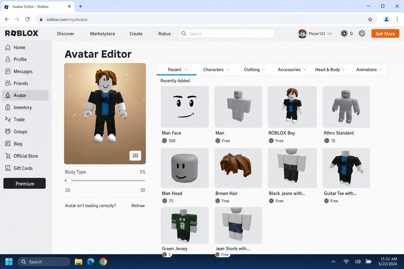 Roblox avatar editor showing customization options including body type and clothing