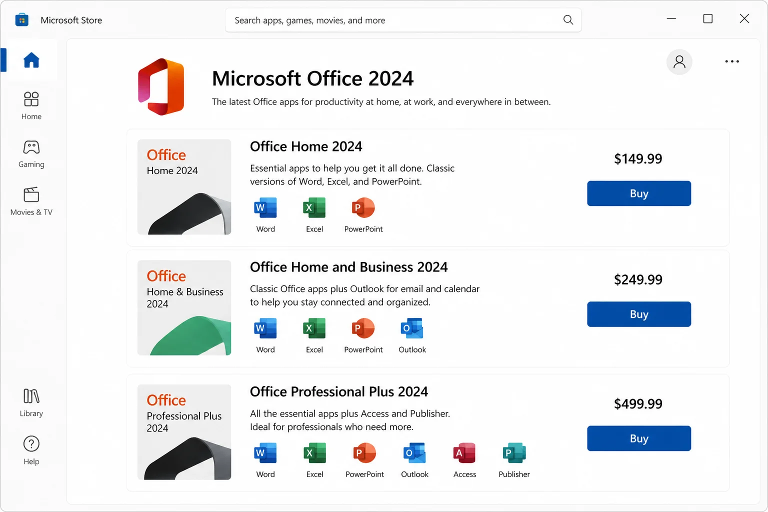Microsoft Store product listing displaying Office 2024 editions Home, Home and Business, and Professional Plus with download buttons