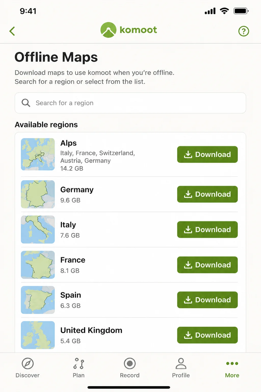 Komoot app Offline Maps screen listing downloadable regions with Download buttons next to each, showing Komoot green branding