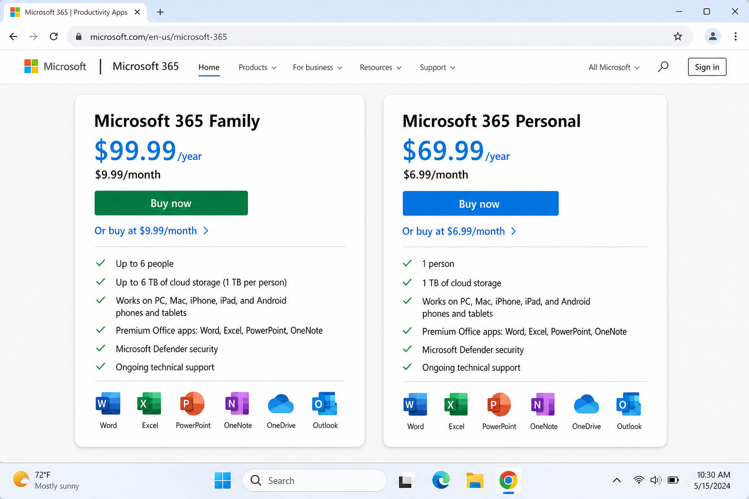Microsoft 365 plans page showing Personal and Family subscription options with monthly and annual pricing