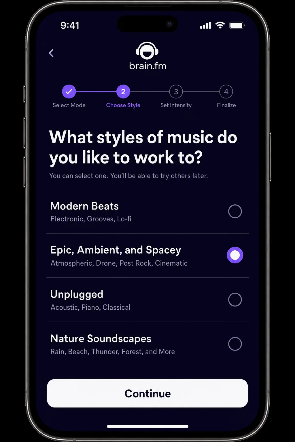 Brain.fm app showing Focus mode selected with intensity slider and genre options including Ambient, Cinematic, and Nature