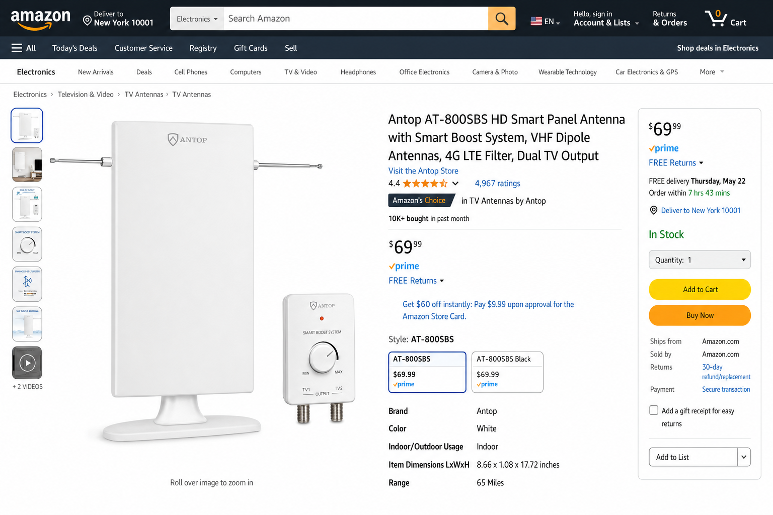 Product photo of the Antop AT-800SBS HD Smart Panel Antenna showing its panel design and dual output ports