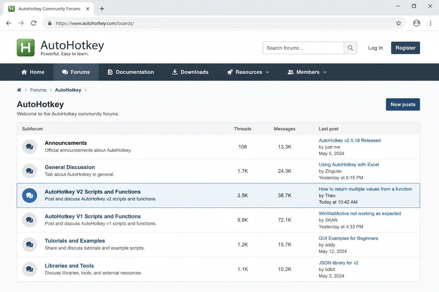 AutoHotkey community forums page showing the subforum list with AutoHotkey V2 Scripts and Functions section highlighted