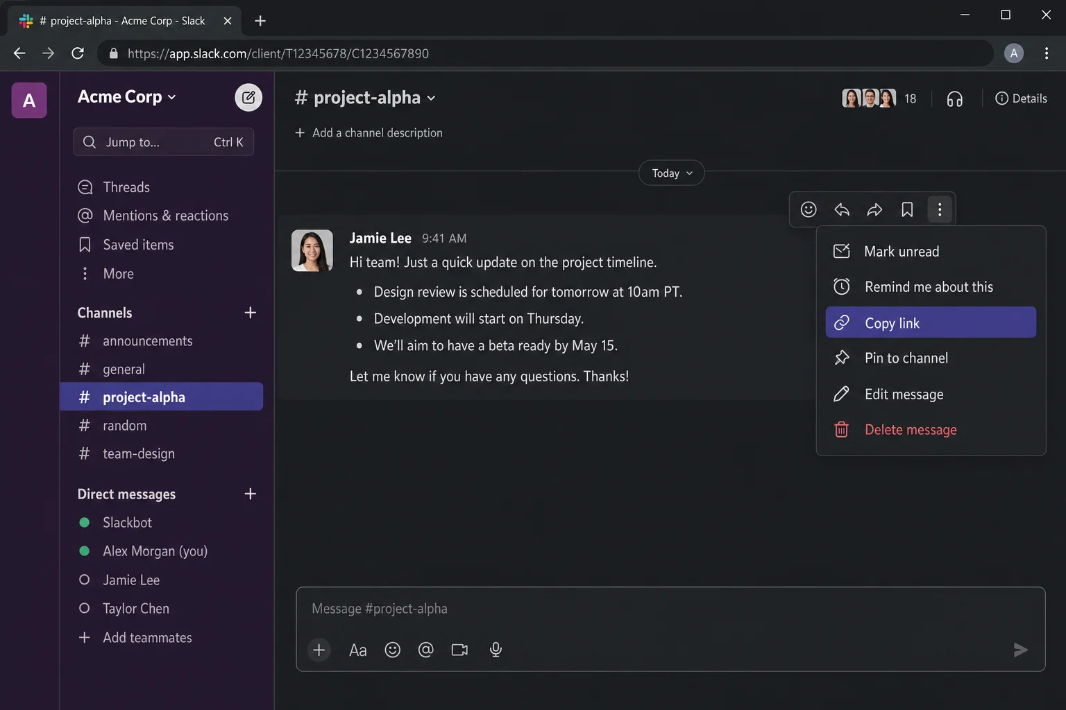 Slack More actions menu open with Copy link option highlighted
