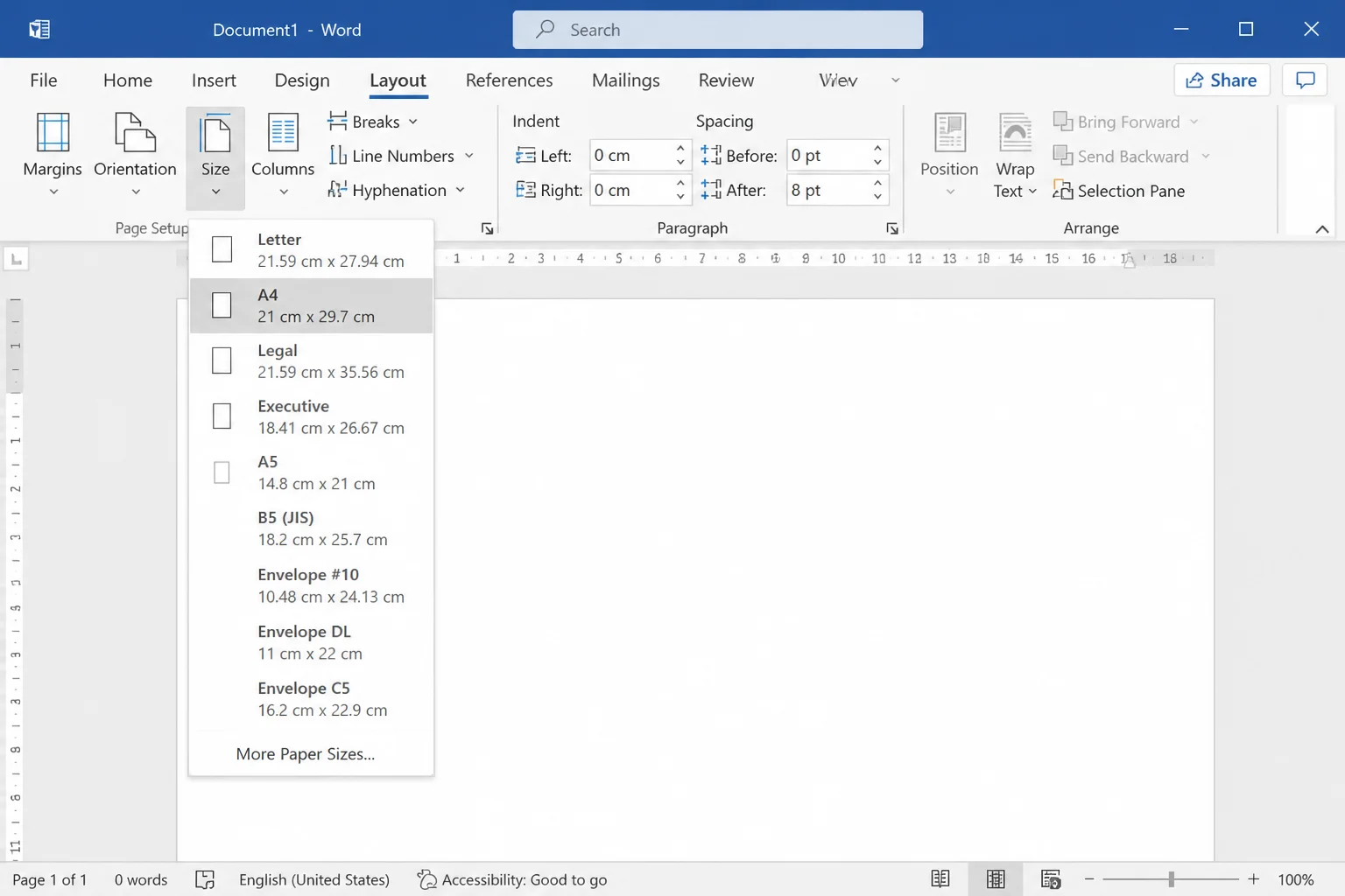 Word Layout tab with the Size dropdown open showing standard paper size options including Letter and A4