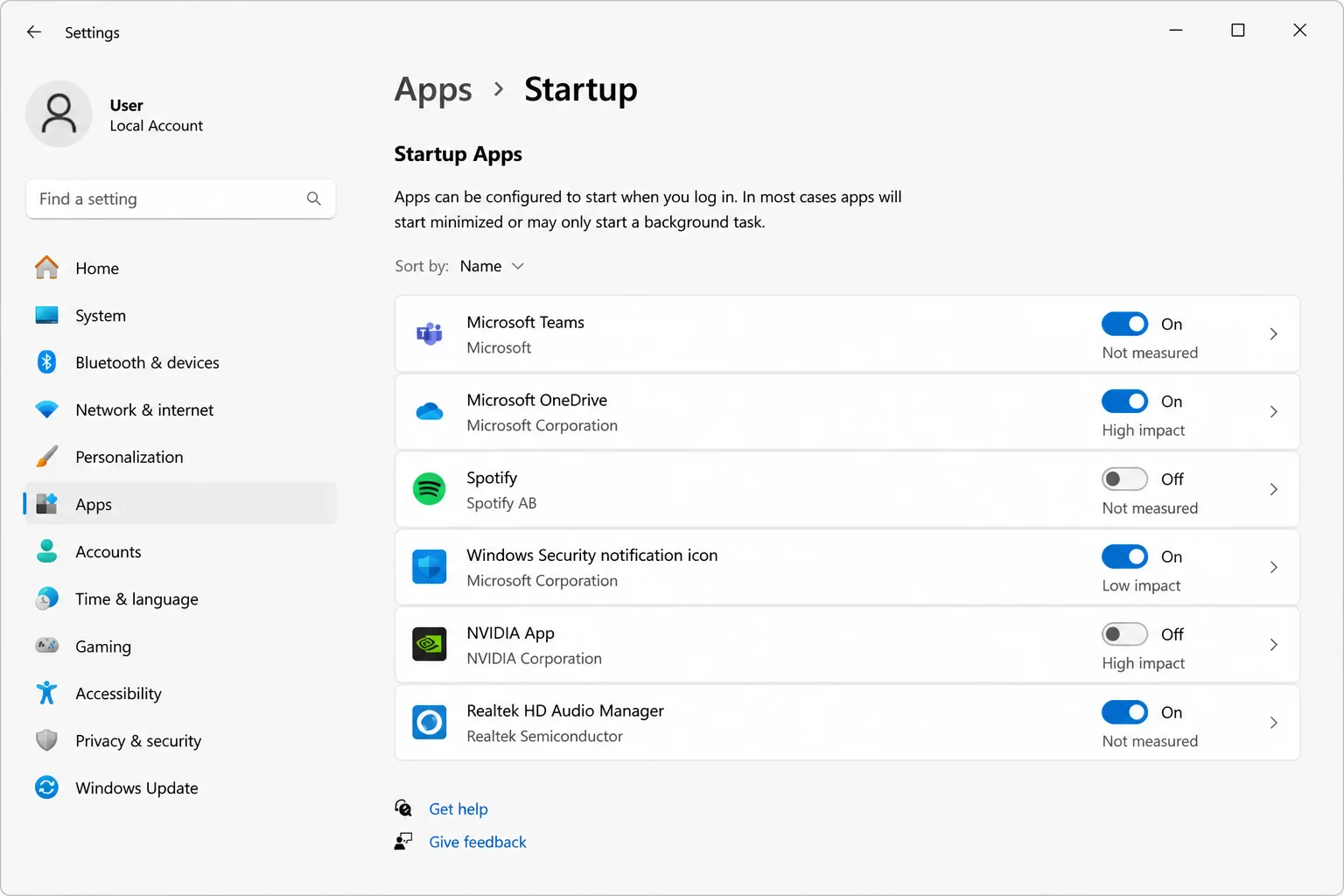 Windows 11 Settings > Apps > Startup page showing a list of startup apps with toggle switches to enable or disable them