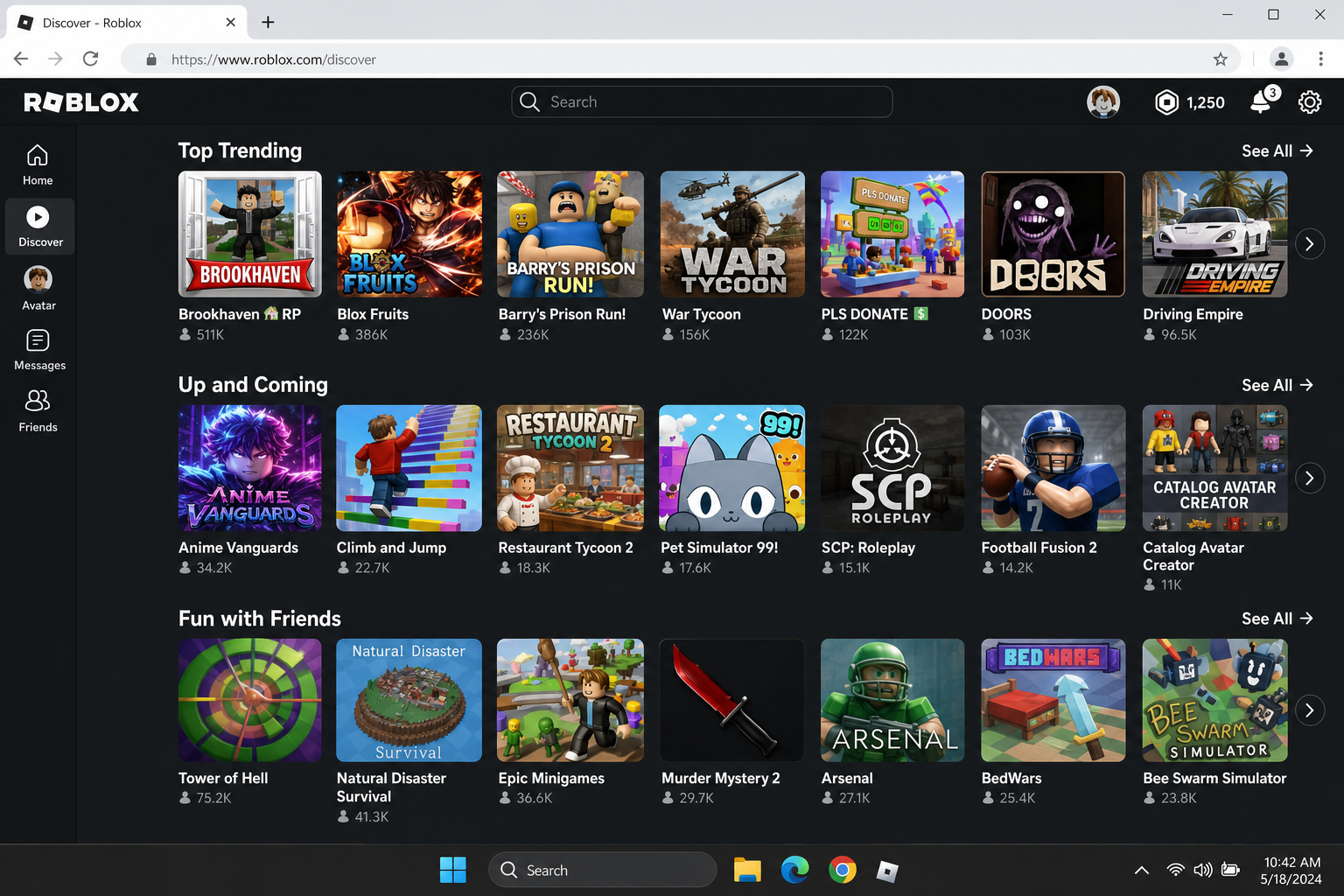 Roblox Discover tab showing featured experiences organized by category