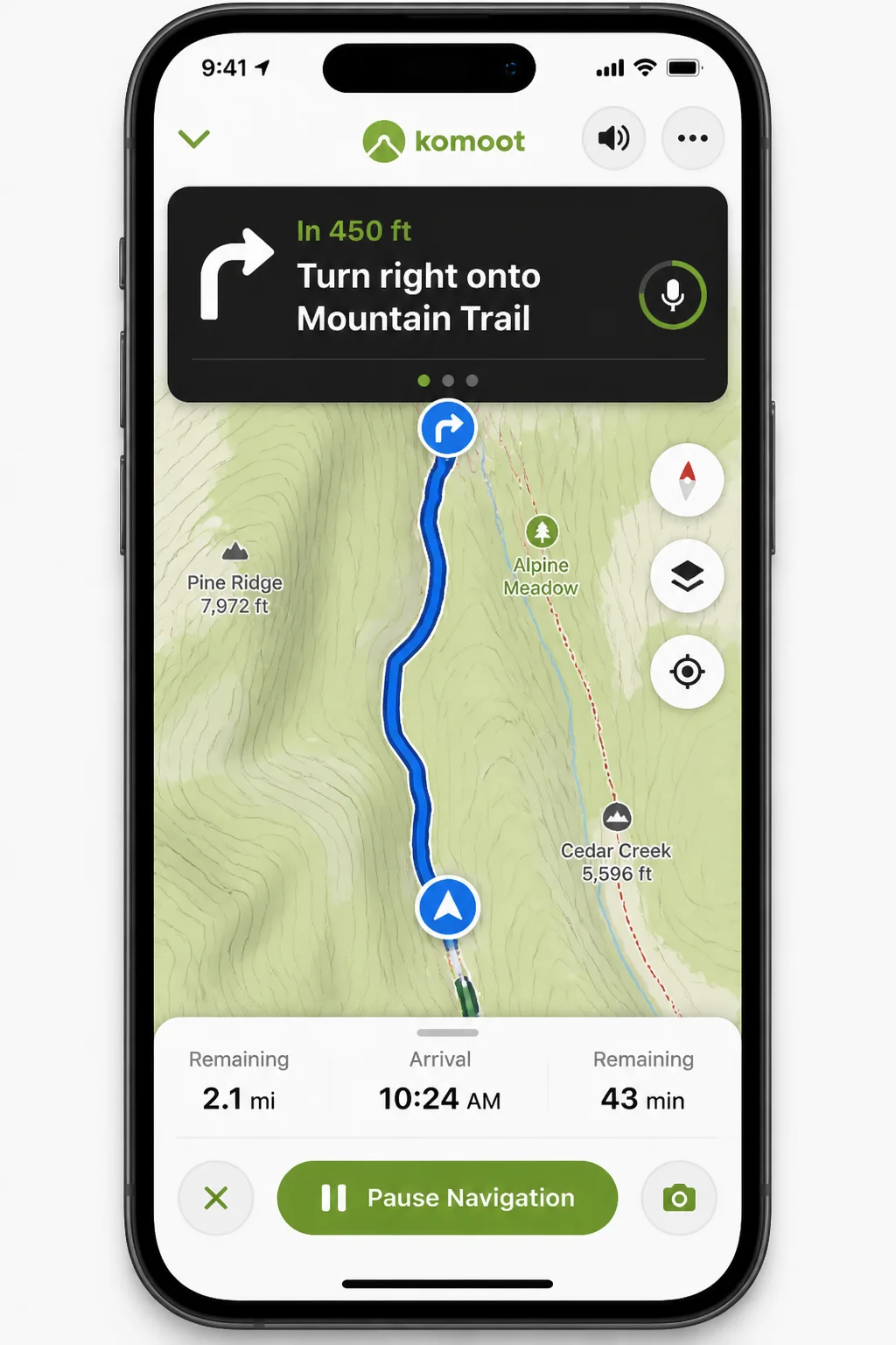 Komoot app turn-by-turn hiking navigation screen showing a route on a map, a voice-guidance banner, distance remaining, and Komoot branding