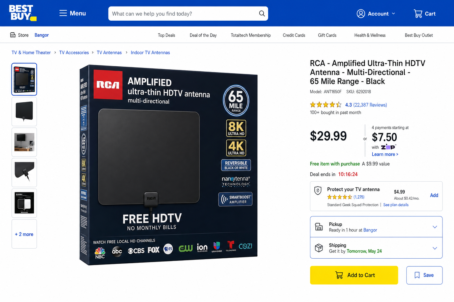 Product photo of the RCA Amplified Ultra-Thin HDTV Antenna showing its flat design and included mounting tape