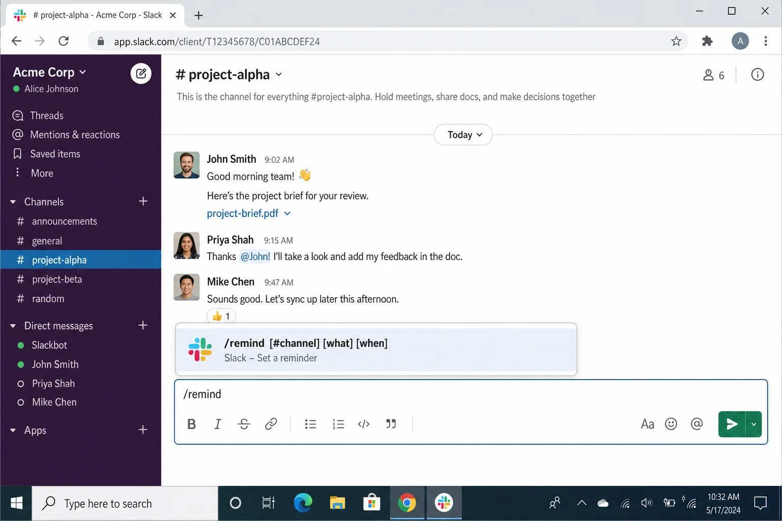 Slack message compose box with a /remind command typed out and Slackbot autocomplete suggestion visible