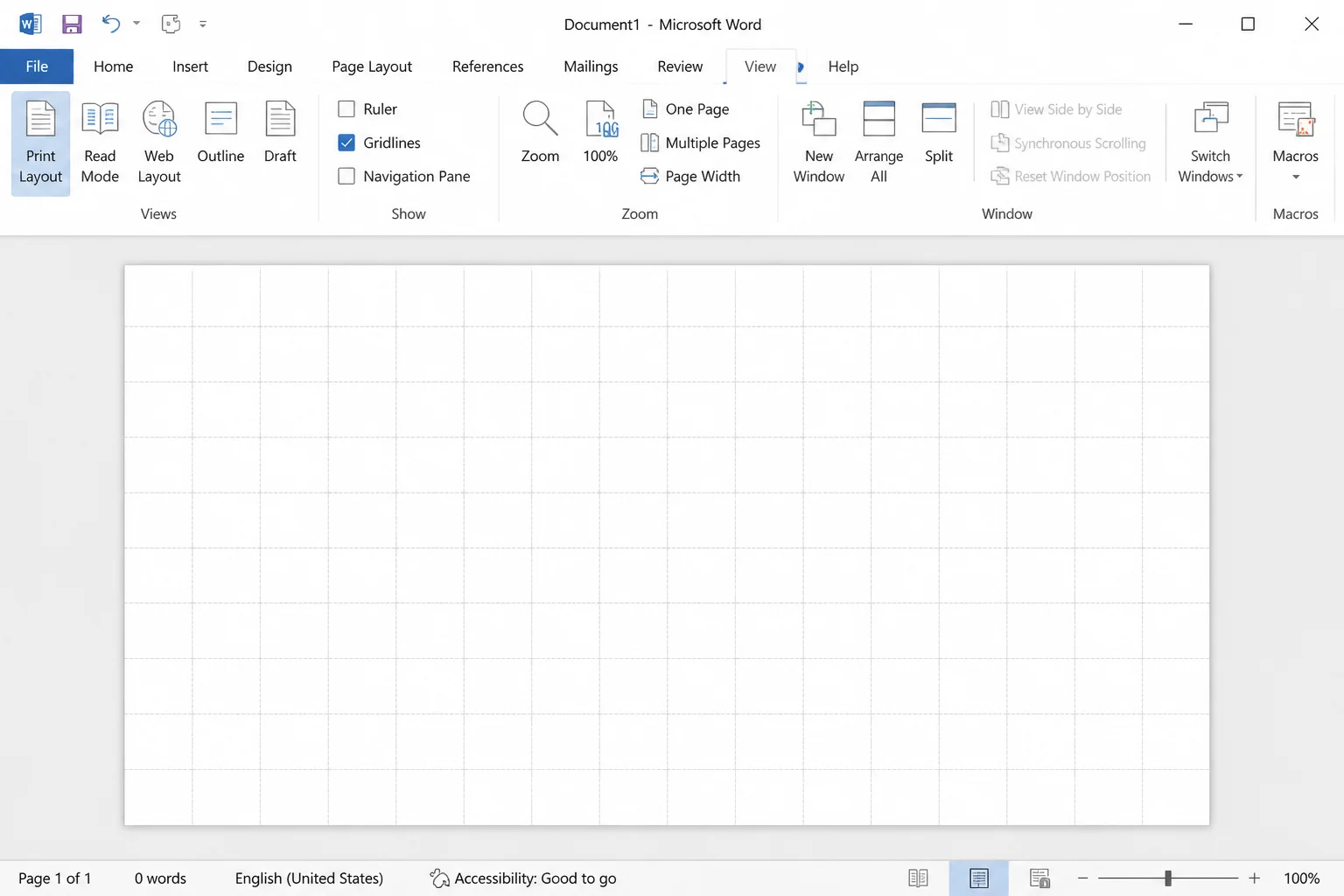 Word View tab with the Gridlines checkbox enabled, showing a grid overlay on a blank landscape document