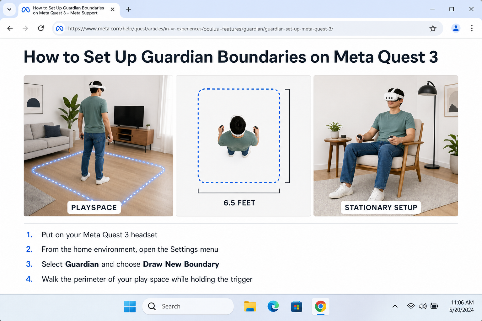 Meta Quest 3 setup guide page showing Guardian boundary configuration steps
