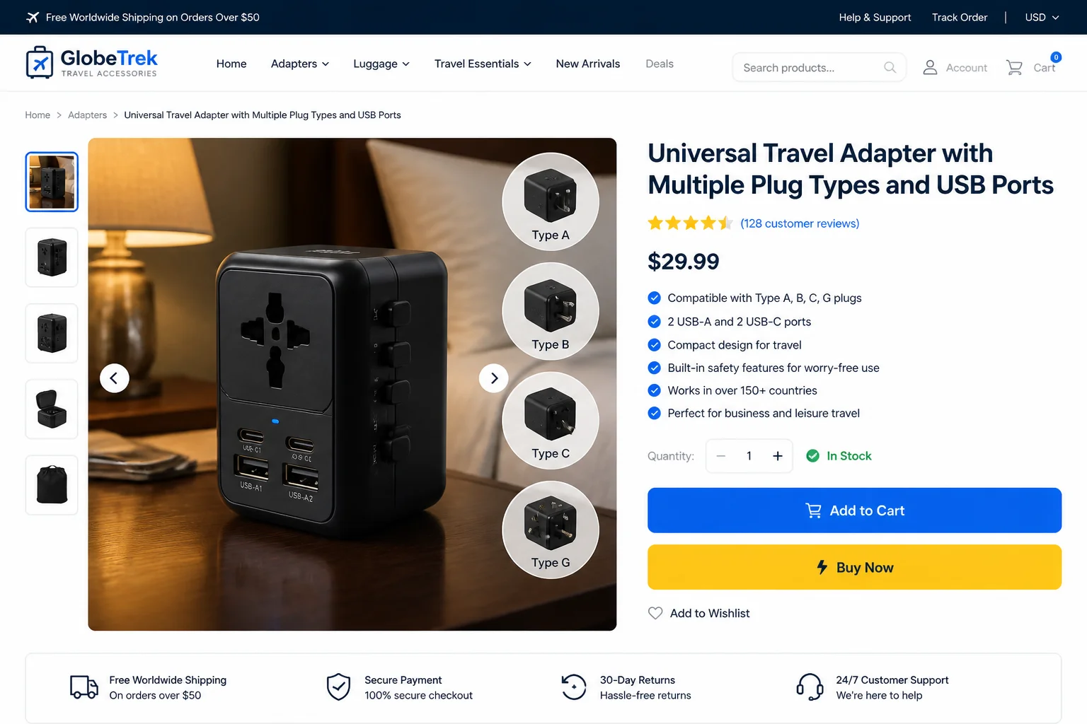 Universal travel plug adapter showing multiple plug type configurations (Type A, B, C, G) with built-in USB-C and USB-A ports, shown on a hotel nightstand