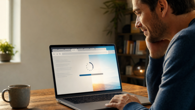 Man uses a laptop at a wooden desk; a loading progress bar is visible on the screen in a cozy home-office setting, with a mug nearby. - speed-up-mozilla-firefox-featured