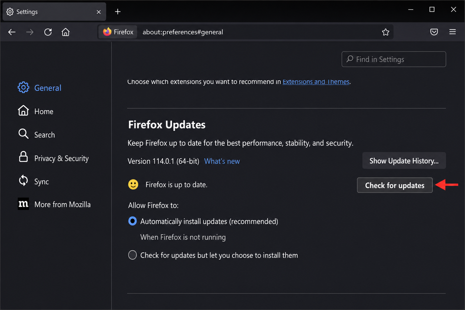 Firefox Settings page scrolled to the Firefox Updates section with Check for updates button visible