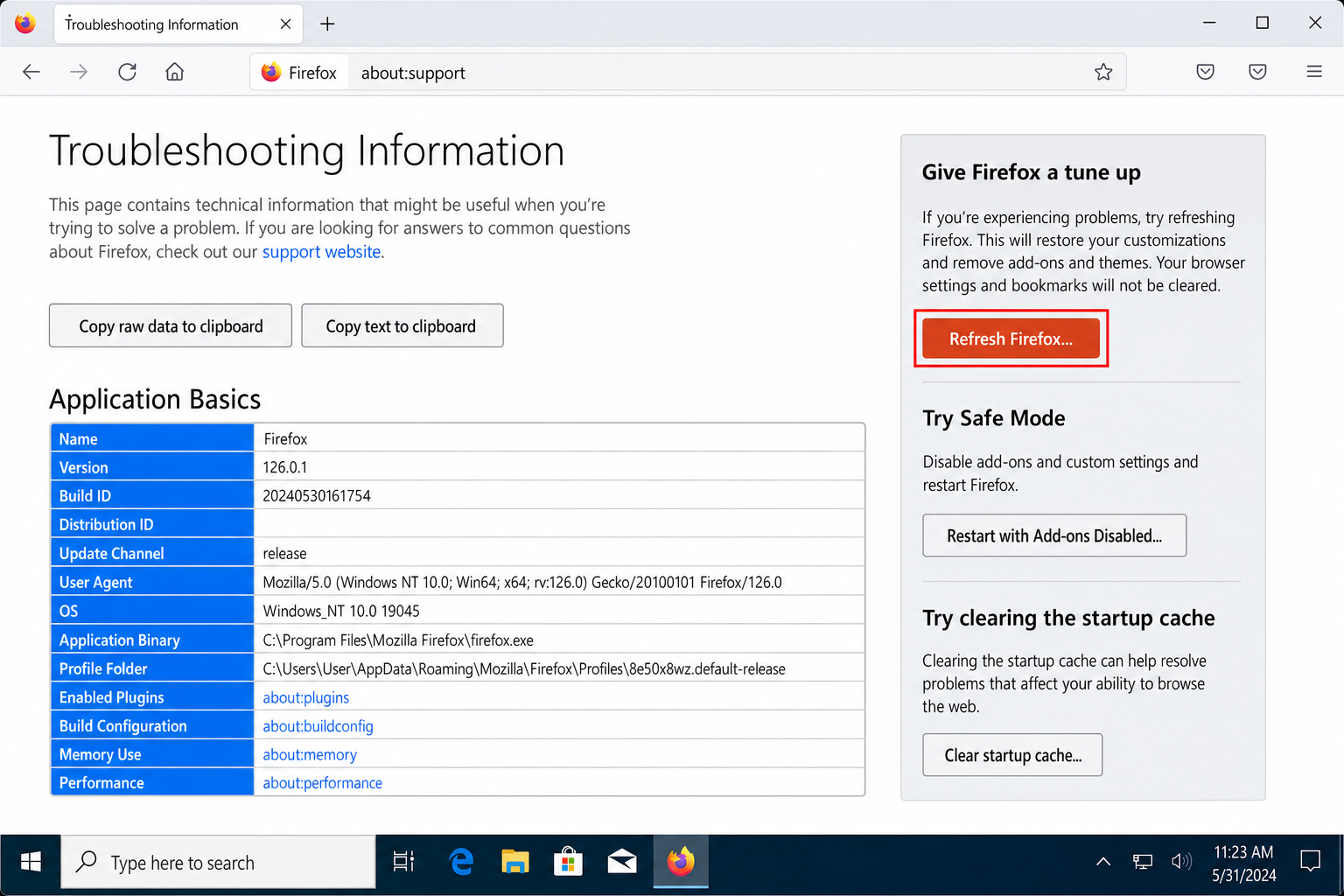 Firefox about:support Troubleshooting Information page with the Refresh Firefox button highlighted in the top-right corner