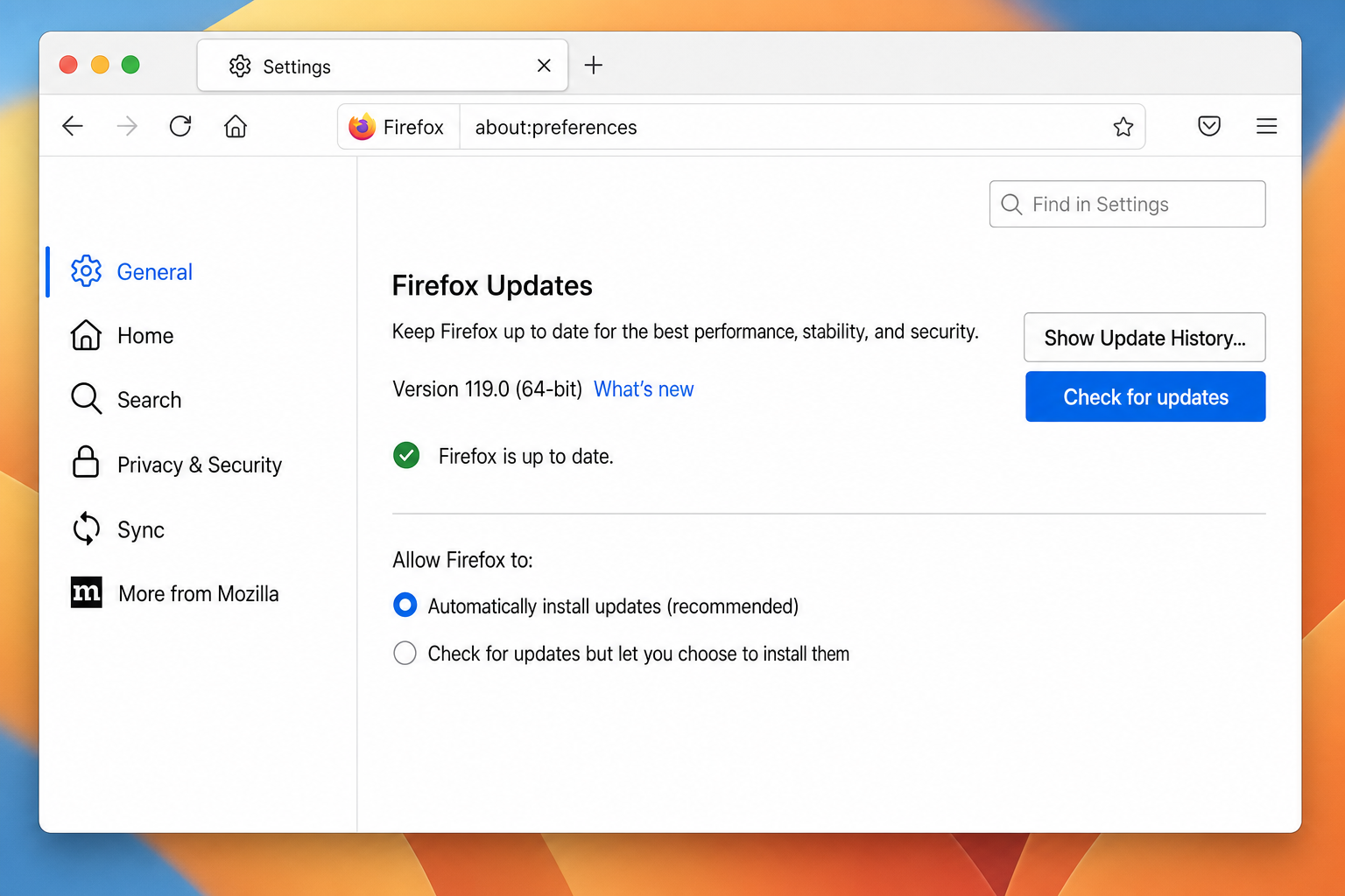 Firefox Settings page on macOS showing Firefox Updates section with Check for updates button