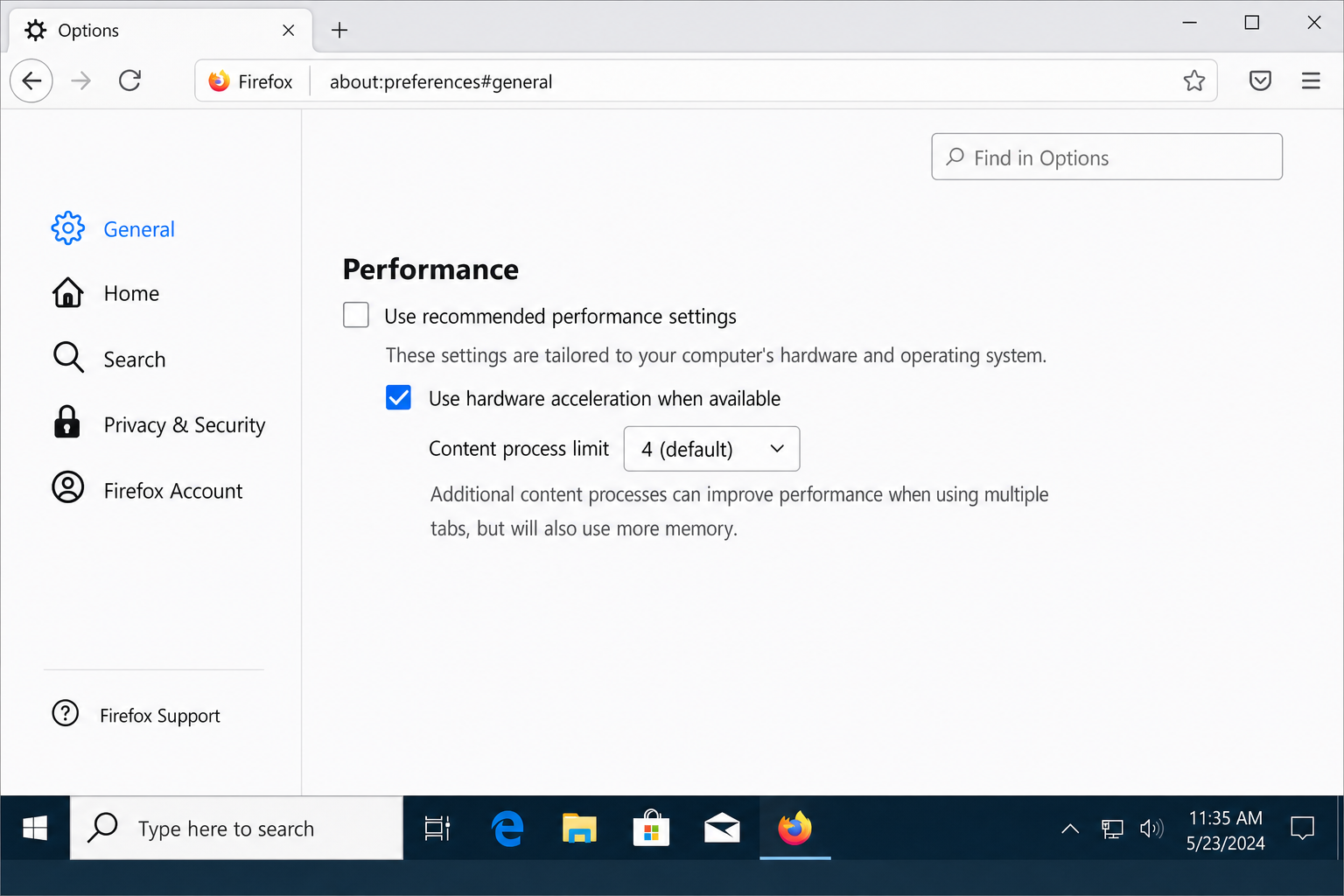 Firefox Settings > General > Performance section with Use recommended performance settings unchecked, showing hardware