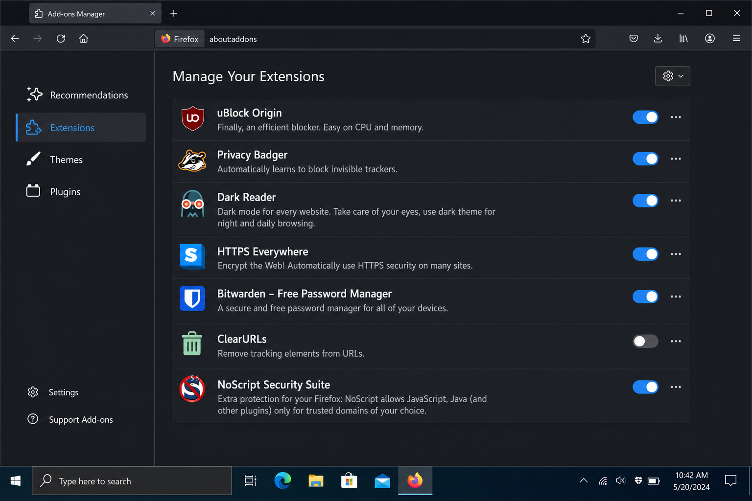 Firefox Add-ons and themes page showing Extensions tab with a list of installed extensions and toggle switches to
