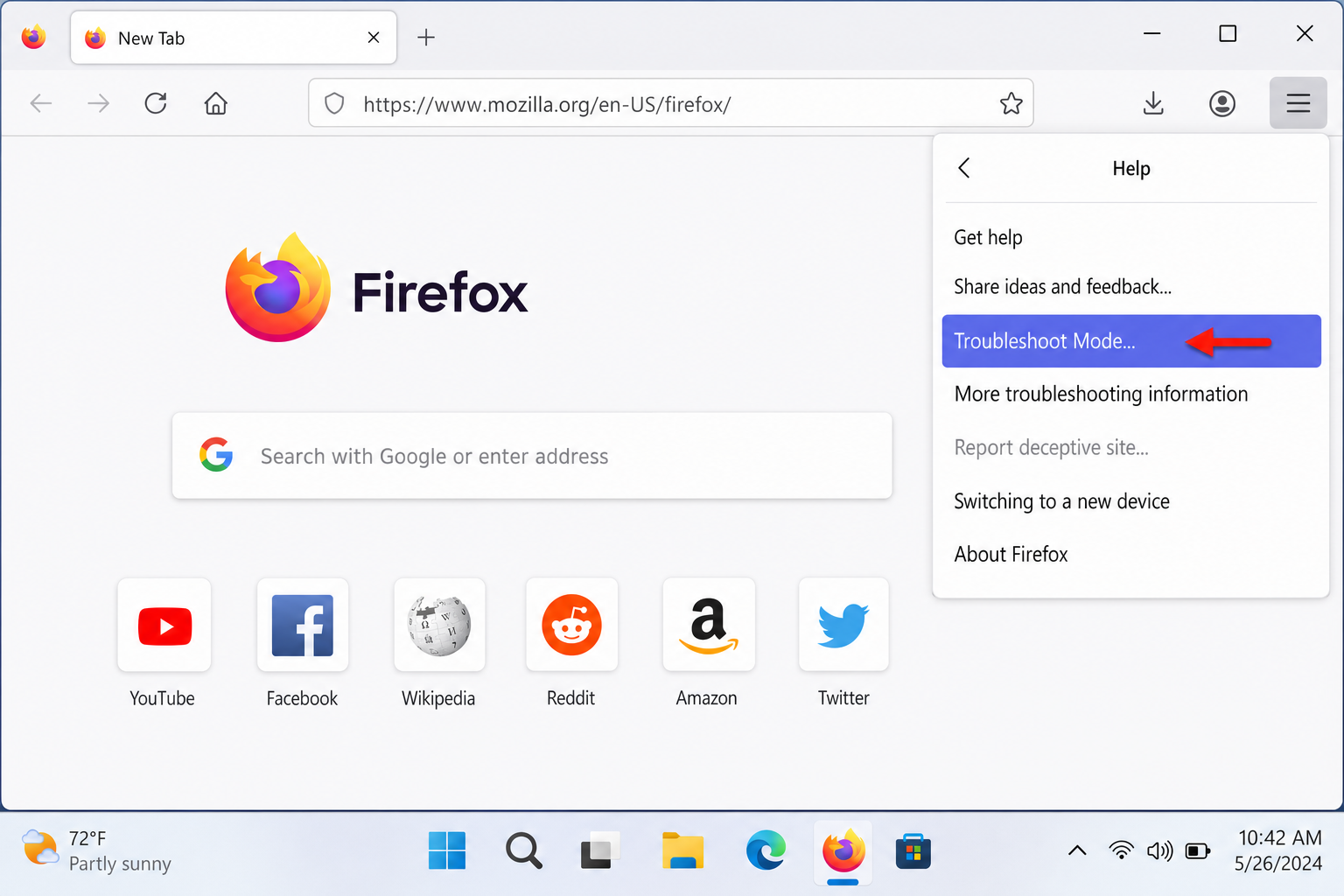 Firefox Help menu open showing Troubleshoot Mode option highlighted
