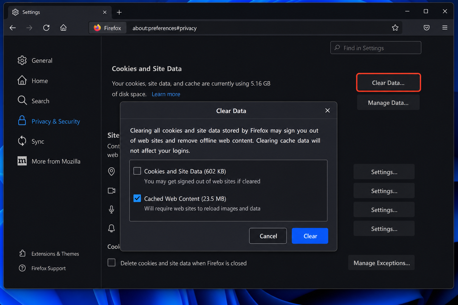 Firefox Settings > Privacy & Security page showing Cookies and Site Data section with Clear Data button and the Clear Data