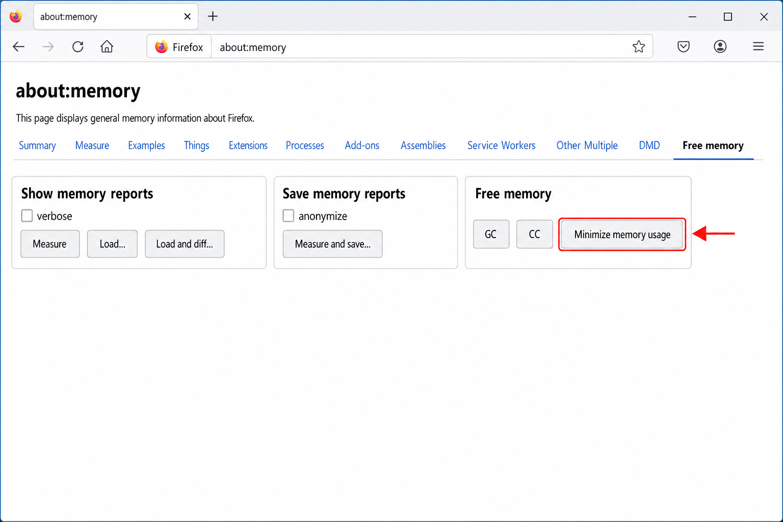 Firefox about:memory page showing the Free Memory section with the Minimize memory usage button highlighted