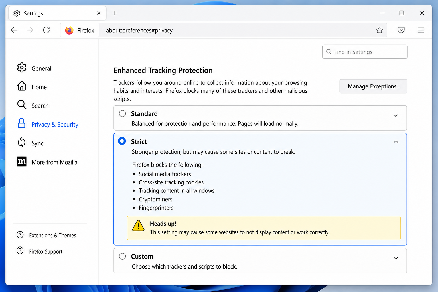 Firefox Settings > Privacy & Security showing Enhanced Tracking Protection section with Strict option selected