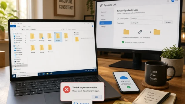Desk setup showing a laptop with a file explorer window of folders, a second monitor displaying a symbolic link creation screen, plus a phone and mug on the desk. - sync-any-windows-folder-with-google-drive-onedrive-and-dropbox-featured