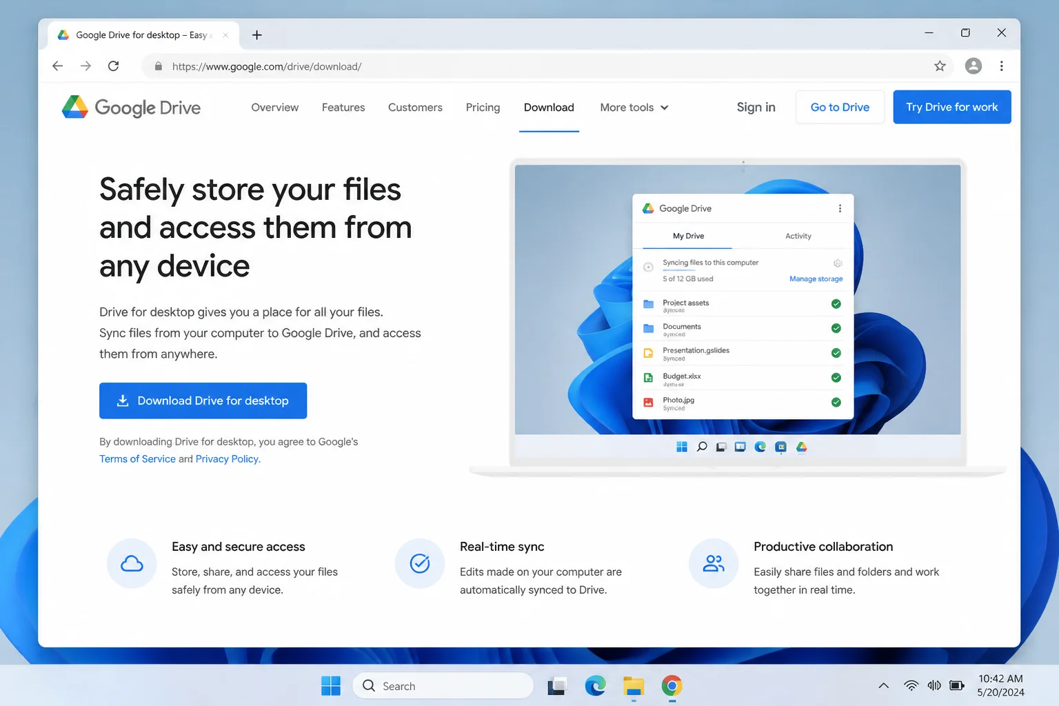 Google Drive for Desktop download page with the Download Drive for desktop button prominently visible