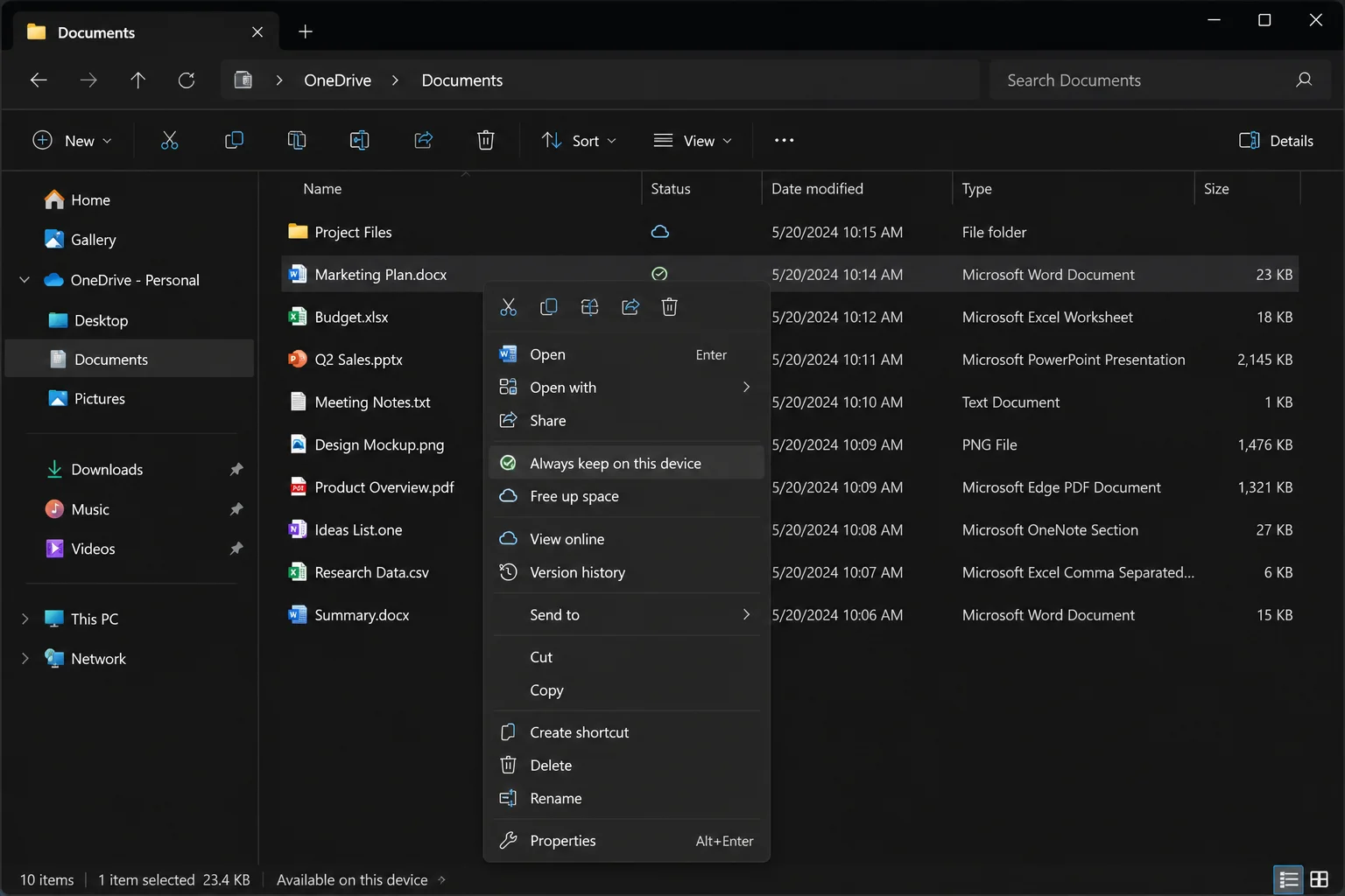 Windows 11 File Explorer right-click context menu on a OneDrive file showing Always keep on this device and Free up space