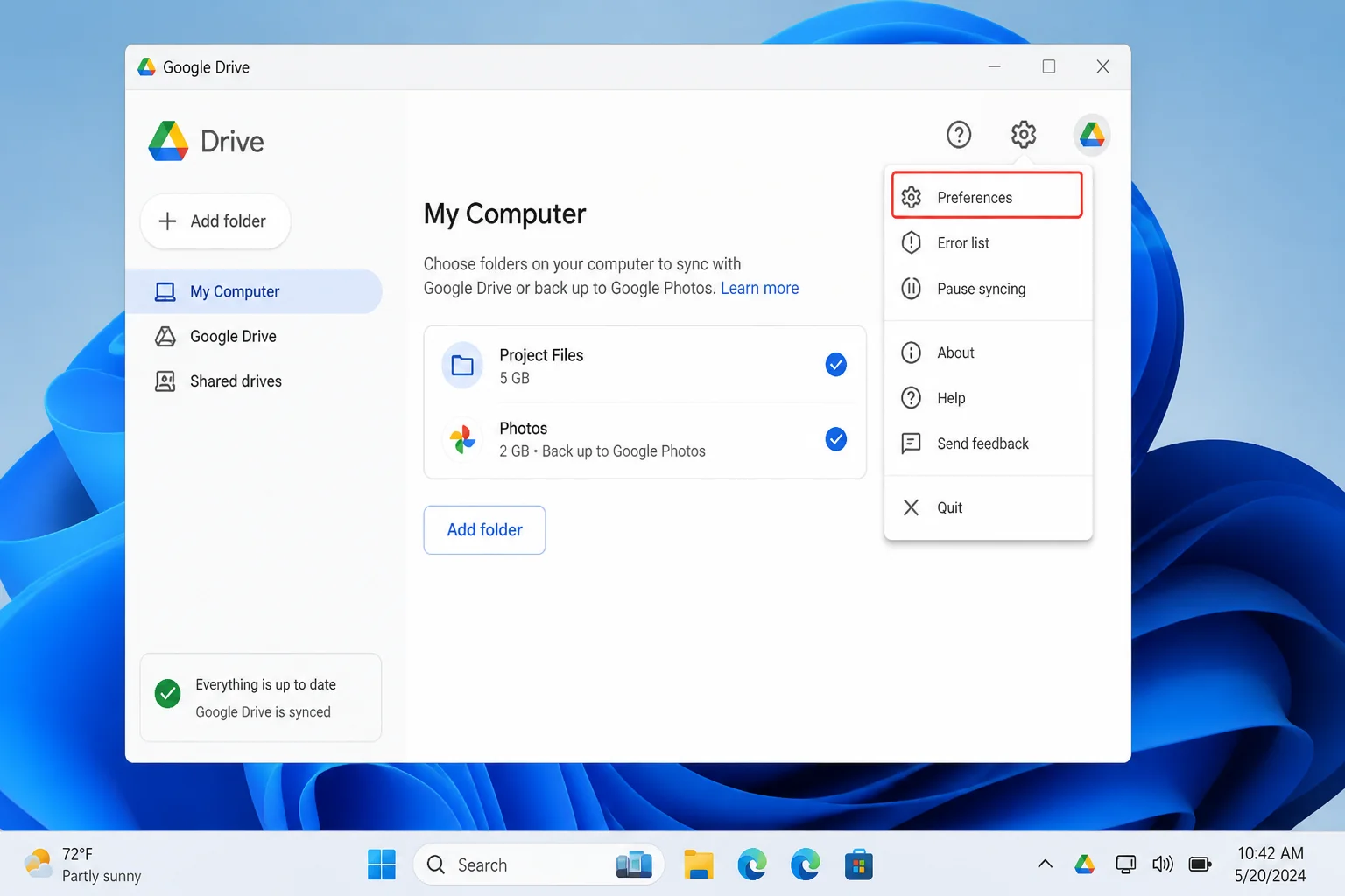 Google Drive for Desktop system tray popup with the gear icon and Preferences menu option highlighted