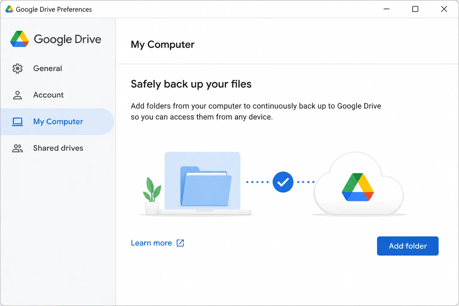 Google Drive for Desktop Preferences window showing the My Computer tab with the Add folder button visible