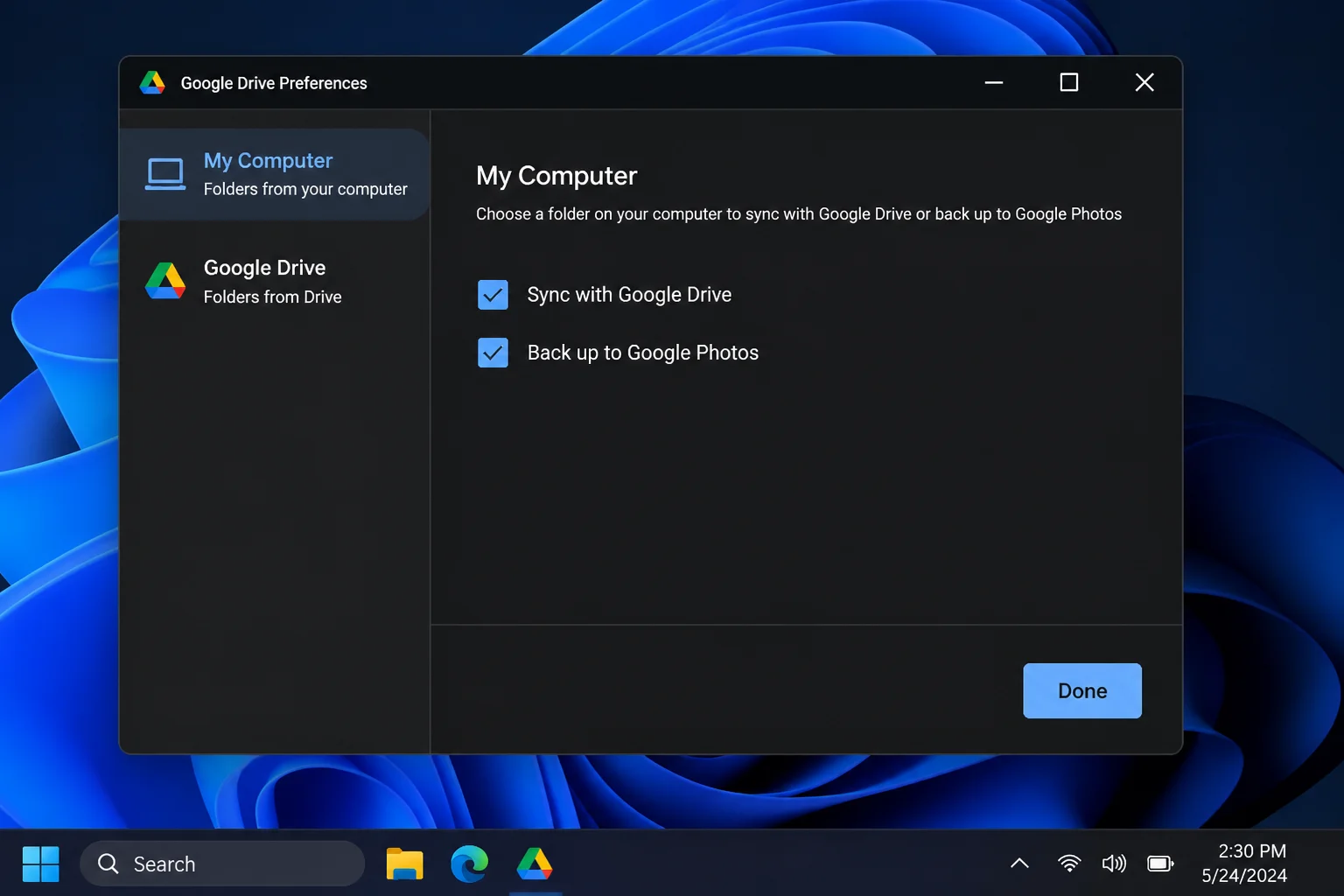 Google Drive for Desktop folder options dialog showing Sync with Google Drive and Back up to Google Photos checkboxes after