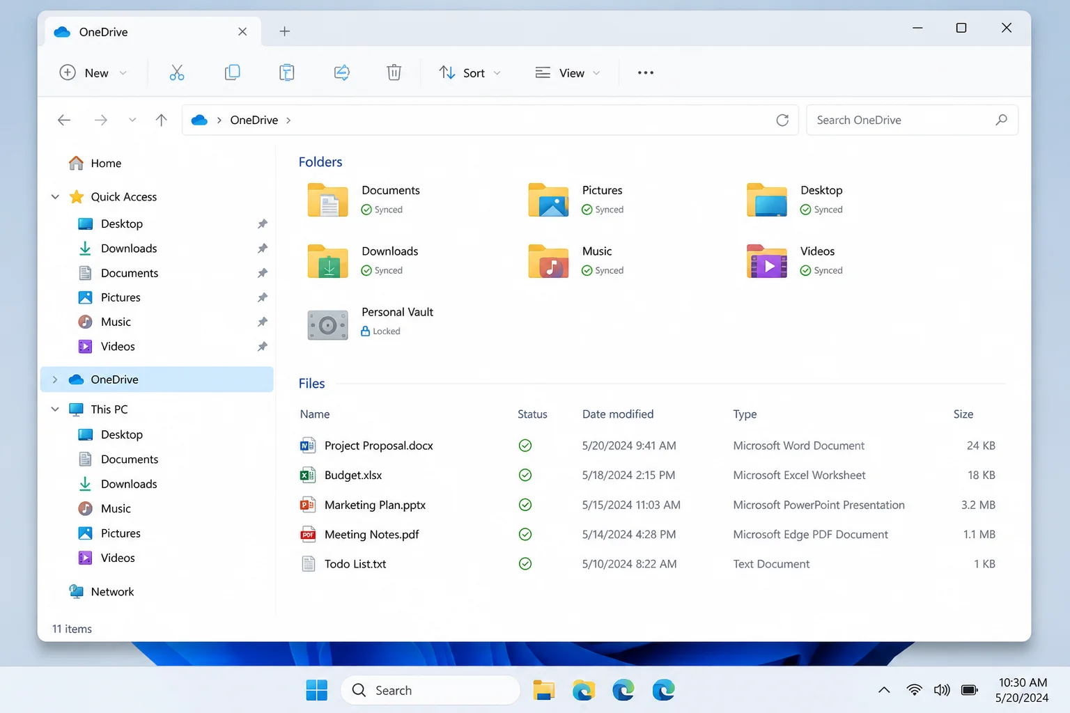 Windows 11 File Explorer showing the OneDrive folder location highlighted in the left sidebar navigation panel