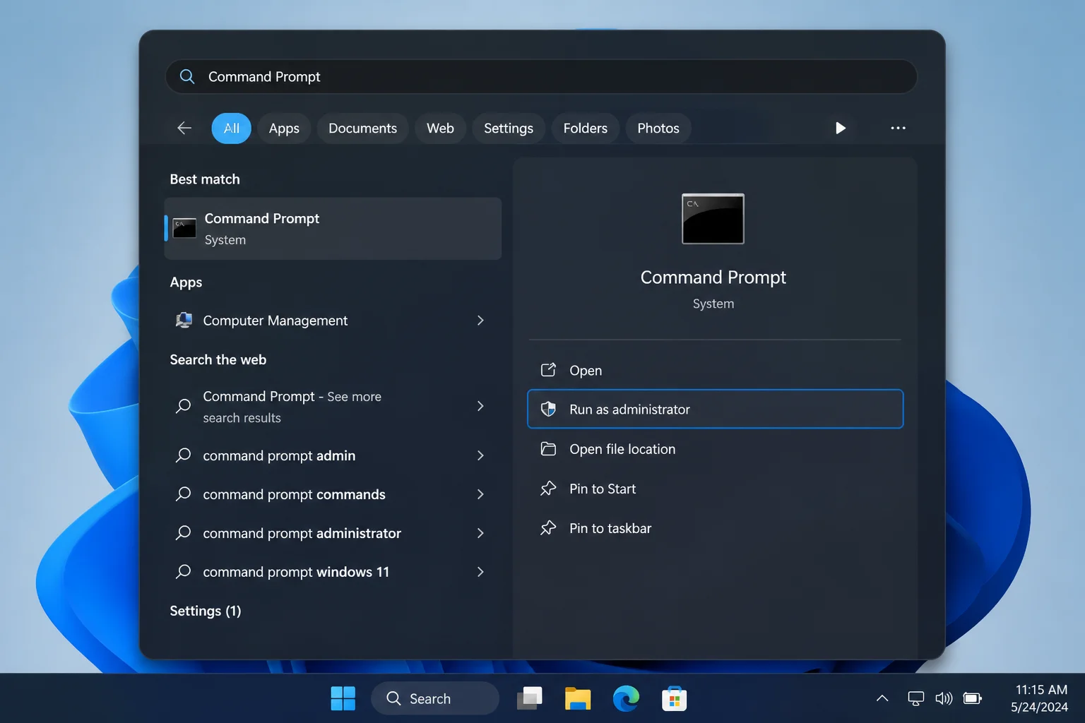Windows 11 Start menu search results showing Command Prompt with the Run as administrator option highlighted in the