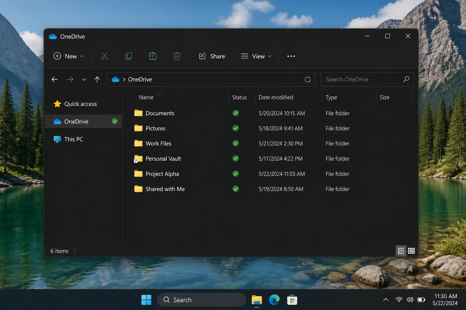 Windows 11 File Explorer showing the OneDrive folder with a symbolic link folder present and a green sync checkmark status