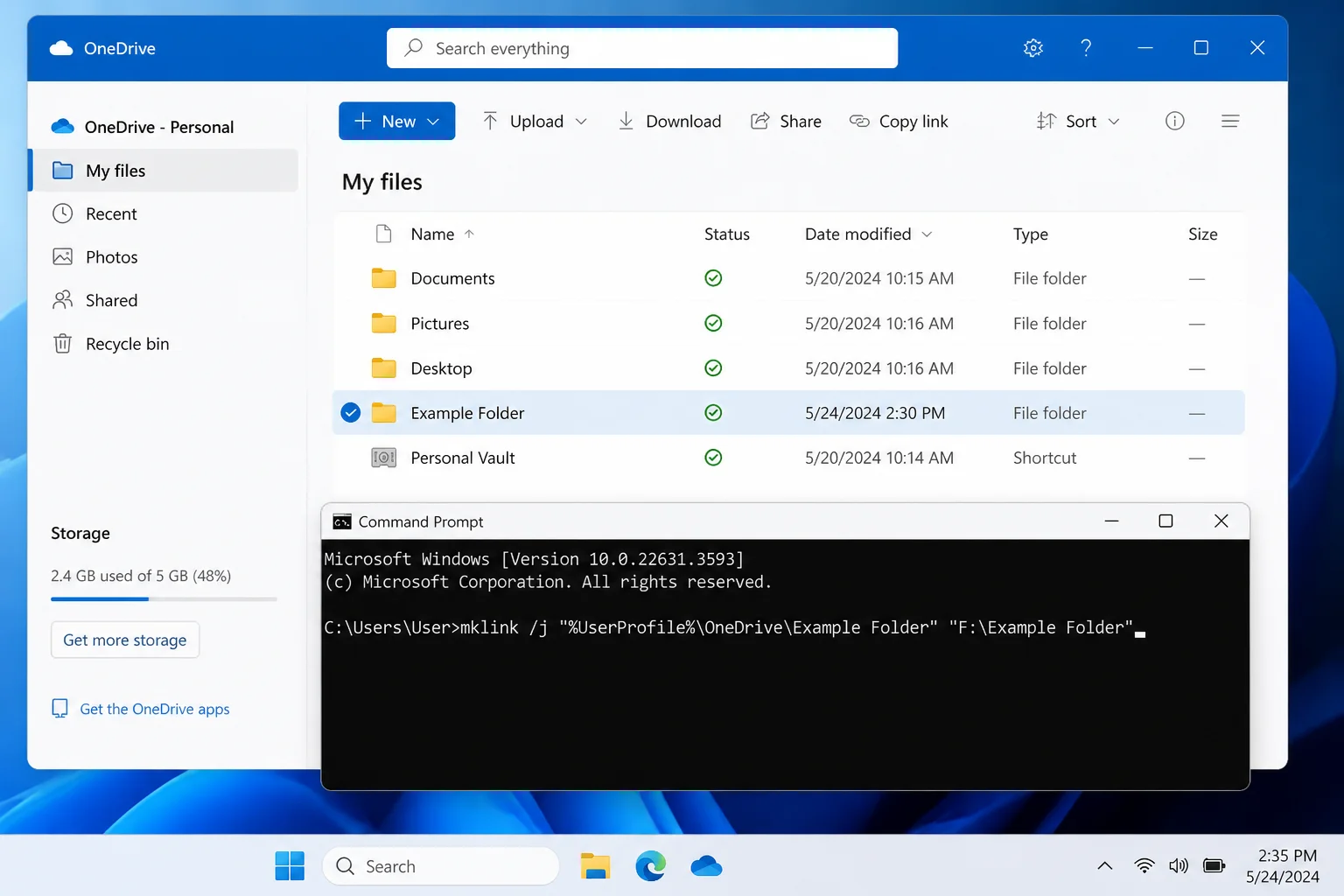 OneDrive web interface showing the synced folder and its contents that were linked via a Windows symbolic link junction