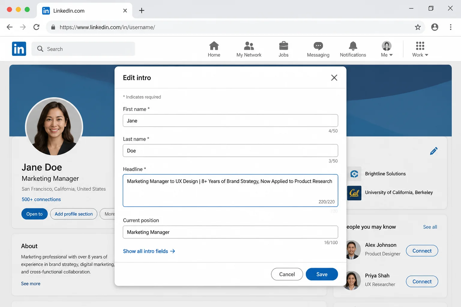 LinkedIn profile introduction editing panel with the Headline field visible, showing the 220-character input area where users type their career-change headline