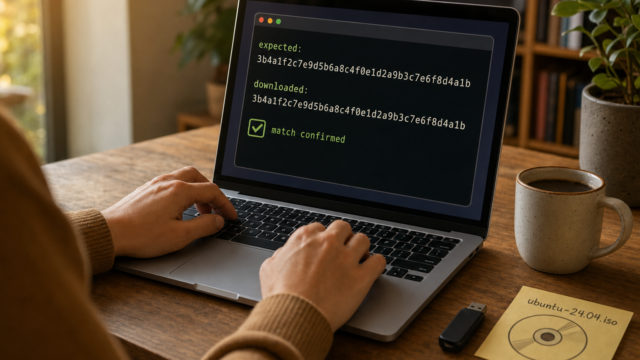 Hands typing on a laptop displaying code with green 'match confirmed' text on the screen. - what-is-checksum-featured-1