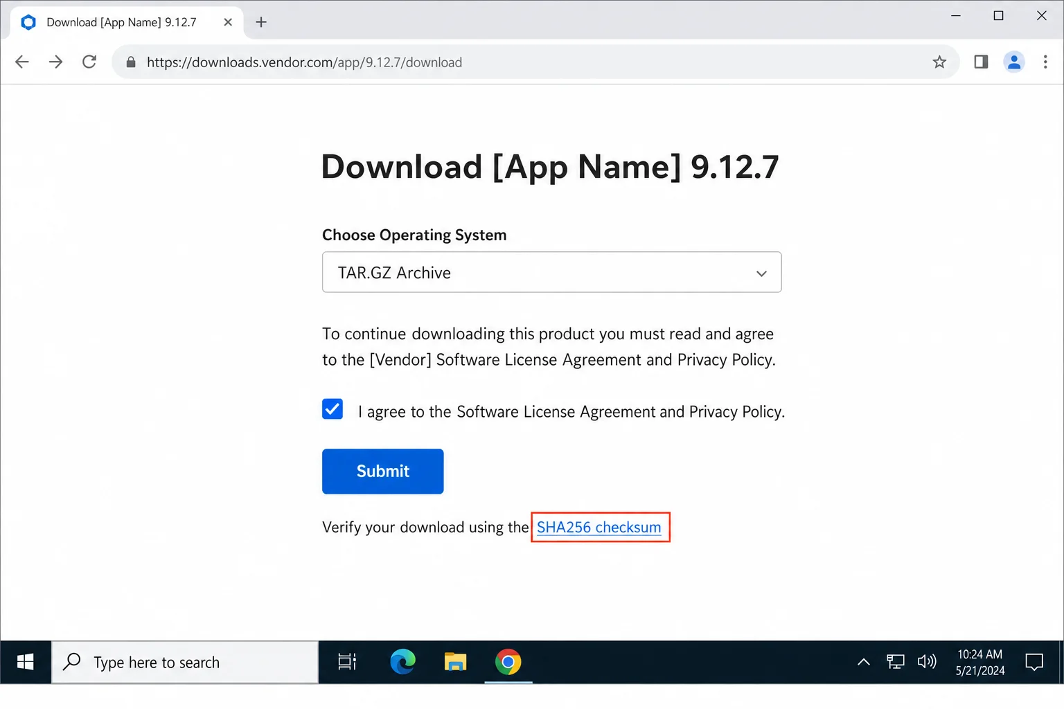 Example software download page showing SHA-256 checksum string listed next to a download link