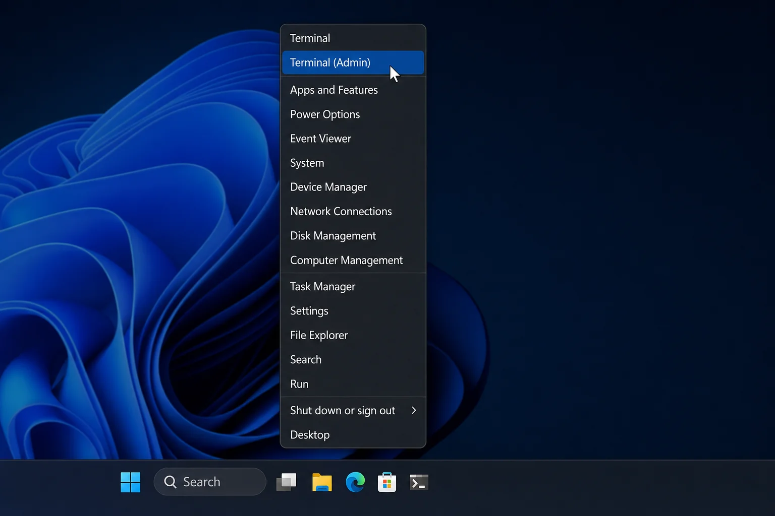 Right-click Start menu showing Windows Terminal or PowerShell option highlighted