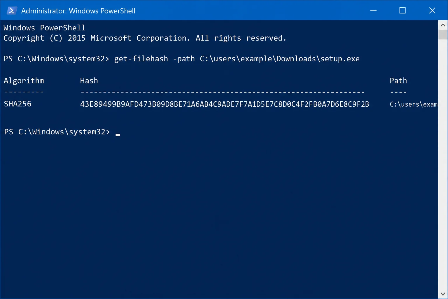 PowerShell window showing Get-FileHash command output with SHA256 hash result