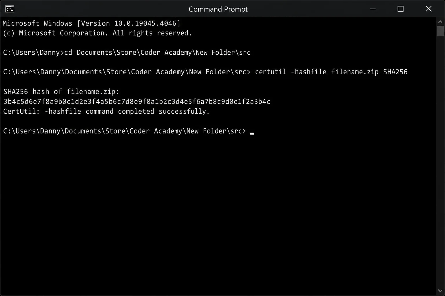Command Prompt window showing certutil -hashfile command with SHA256 hash output