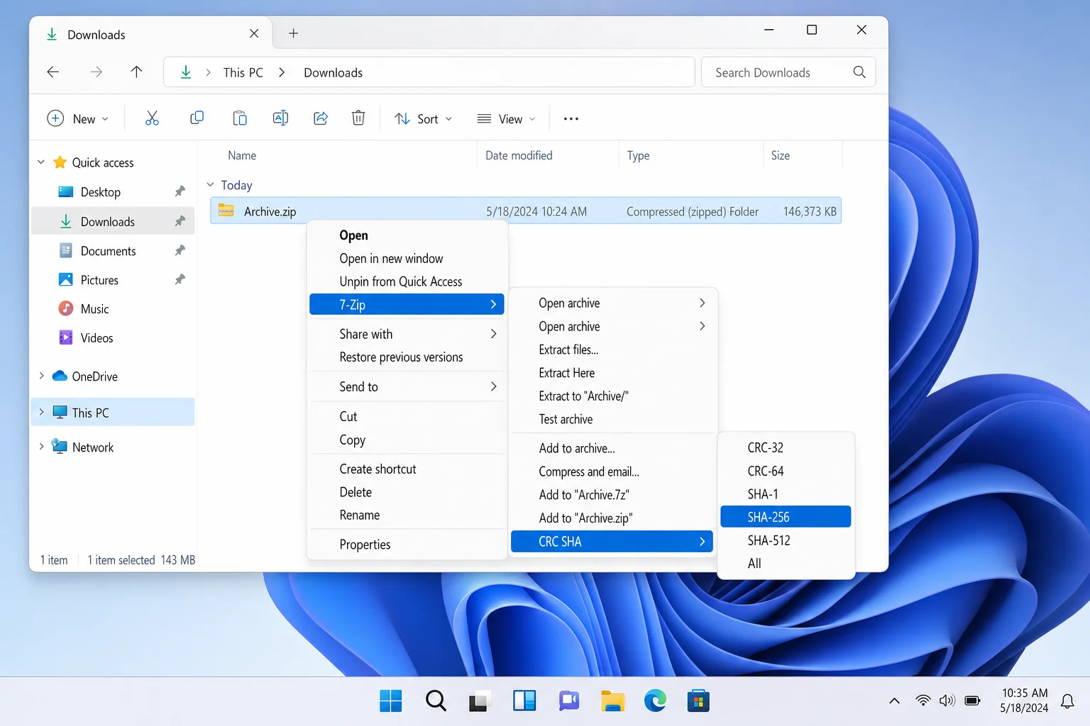 Windows 11 File Explorer right-click context menu showing 7-Zip > CRC SHA > SHA-256 option